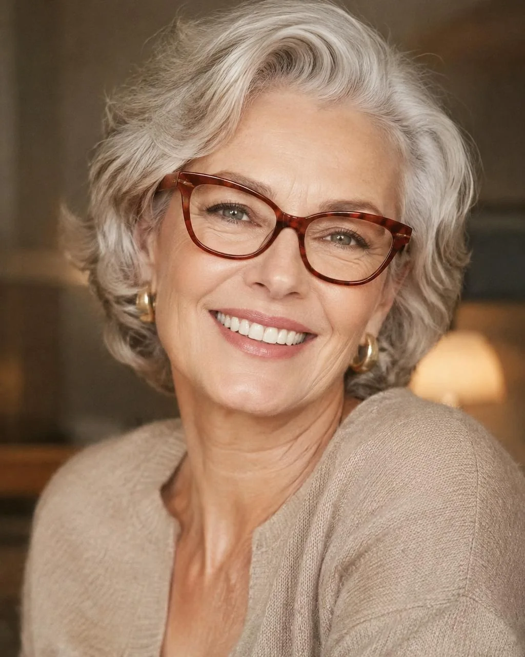 Woman with silver hair in red-brown cat-eye frames