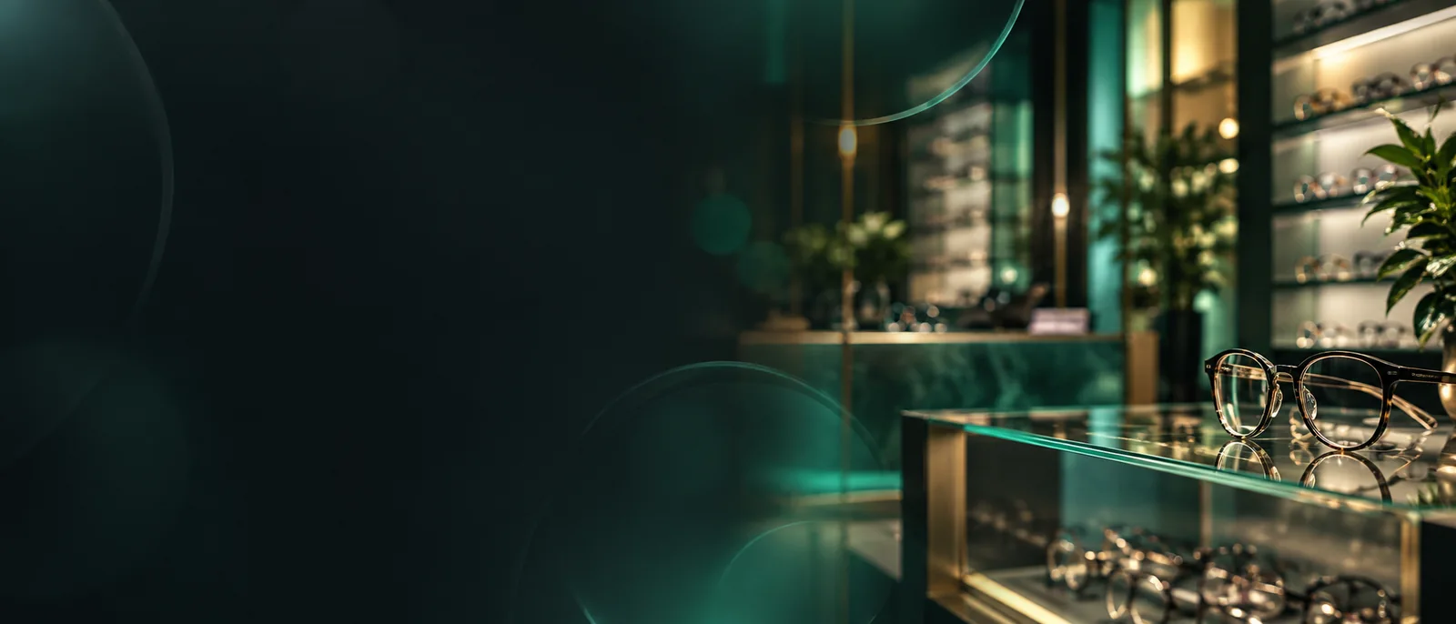 Prescription glasses resting on an illuminated glass display case inside Grand Spectacle Opticians