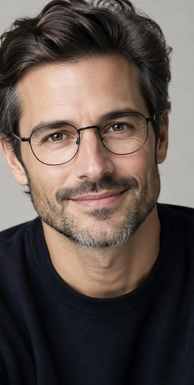 Man wearing thin round black metal eyeglasses